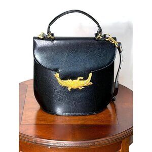 1980s black leather box purse handbag with alligator croc accent Harve' Benard